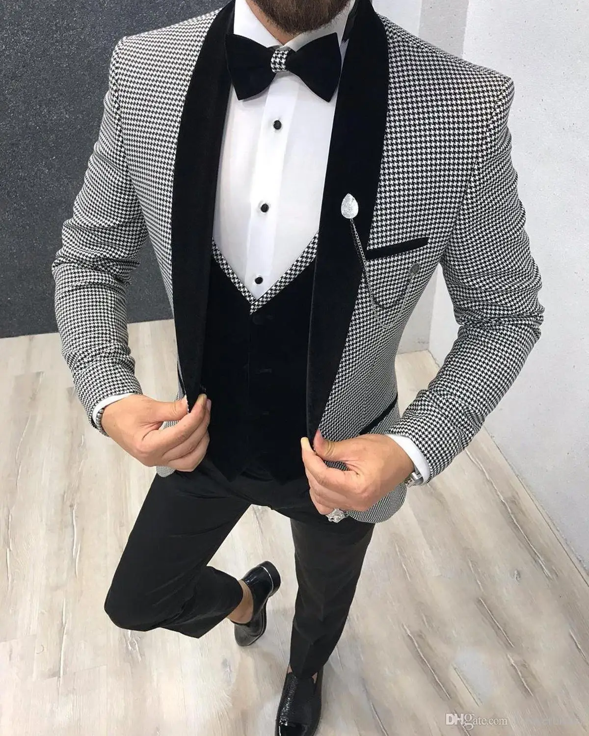 3 Pieces Mens Suits Grey Slim Fit Business Retro Classic Houndst Groom Tweed Wool Tuxedos for Wedding (Blazer+Pants+Vest)