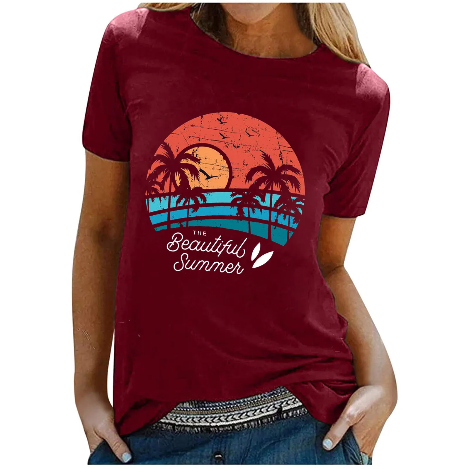 

SAGACE Vintage Women's T-shirts Are Hot Sellers. Coconut Print Loose Polyester Regular Short-sleeved Tops футболка 2021