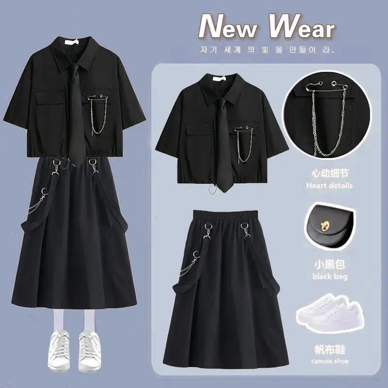 

Summer New Skirt Suit Korean Fashion Loose Short-sleeved Shirt+tooling Strap Chain Skirt 2-piece Set traf y2k Kawaii Harajuku