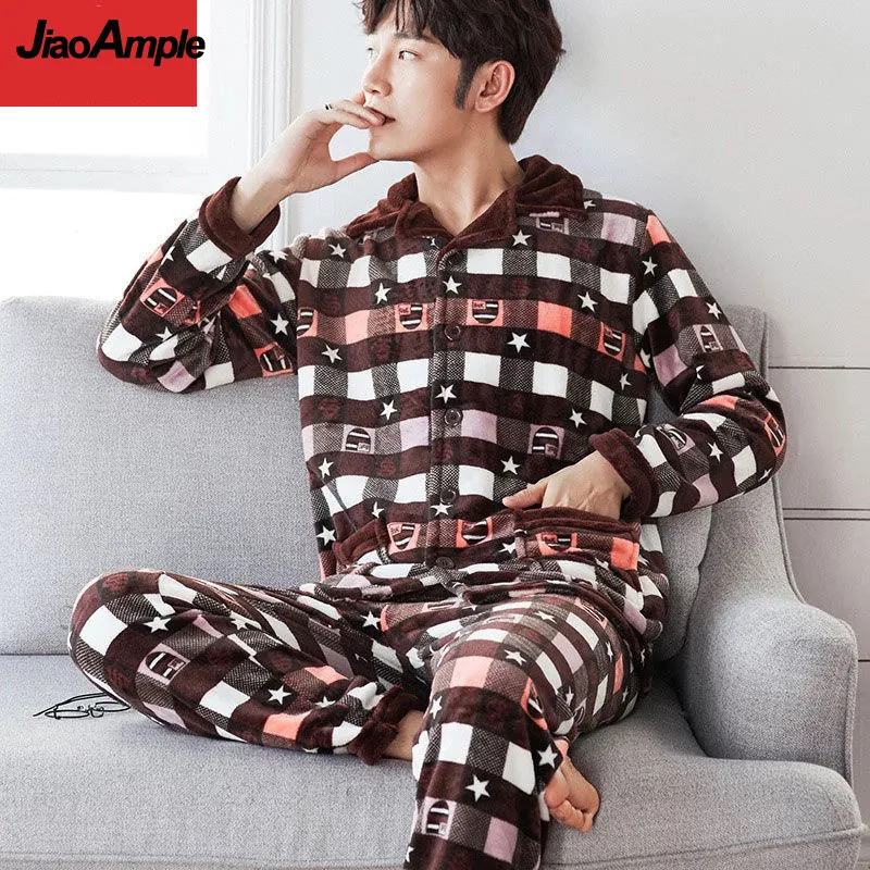 Pajamas Men's Winter Thick Flannel Long-sleeved Trousers Pijamas Two-piece Male Plaid Sleepwear Homewear Suit Casual Nightwear