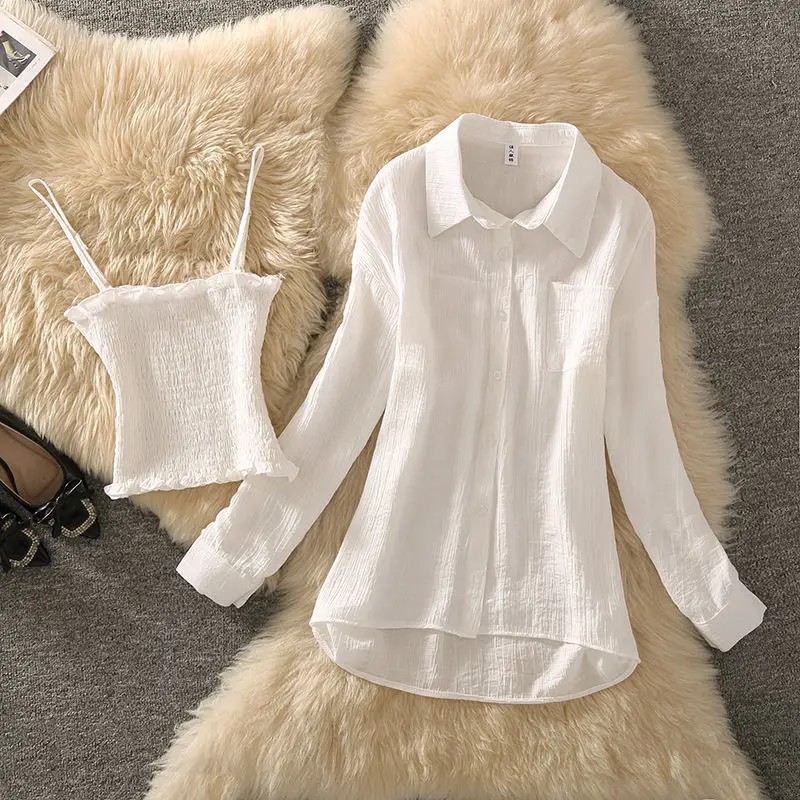 

2021 Women Spring Summer Casual Loose 2 Piece Set Female Solid Long Sleeve Shirt Chiffon Short Vest Suit Ladies Vintage Set G648