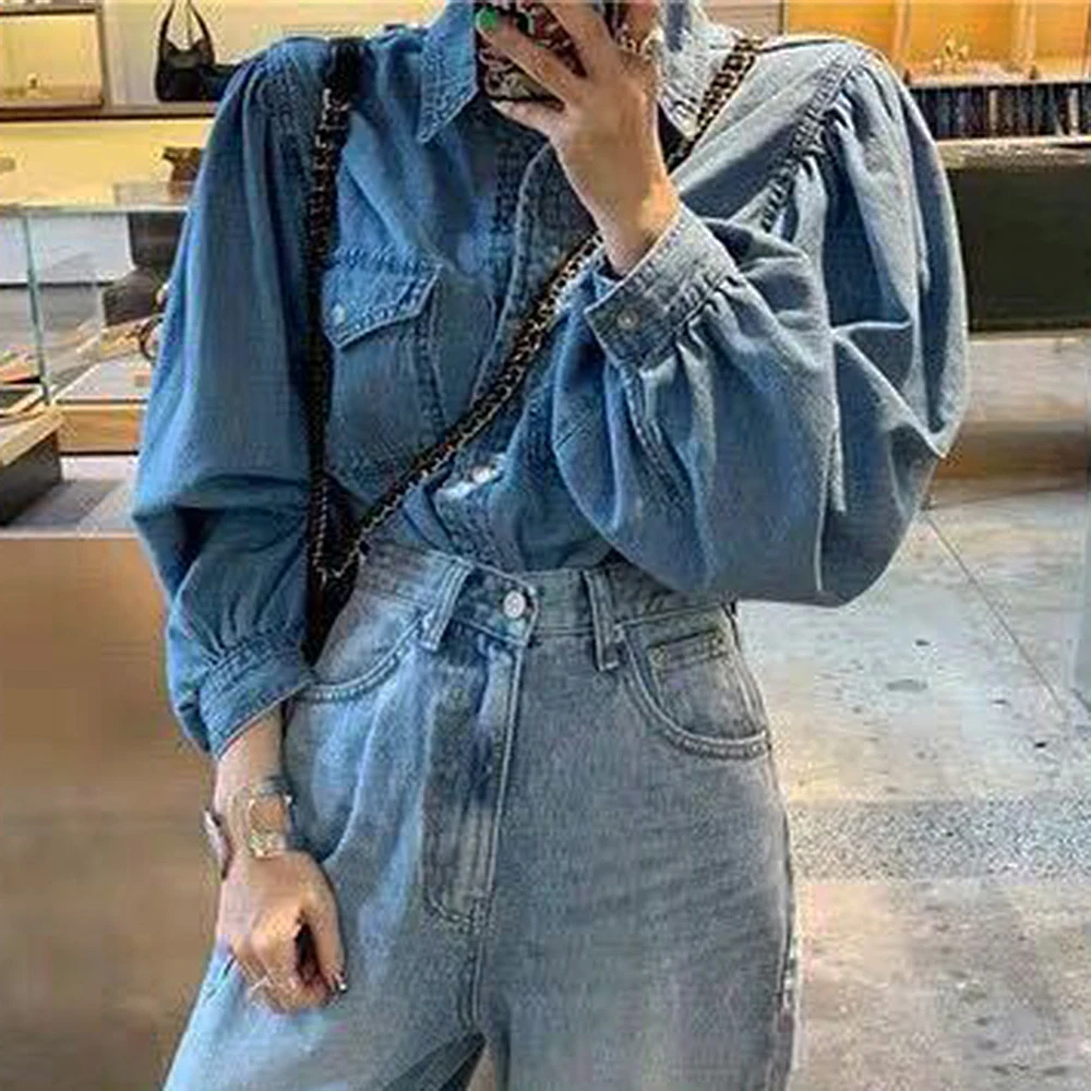 CALOFE 2020 Autumn Fashion Women Jeans Shirt Chic Puff Sleeve Loose Denim Long-sleeved Coat Hot Girls Casual Outwear |