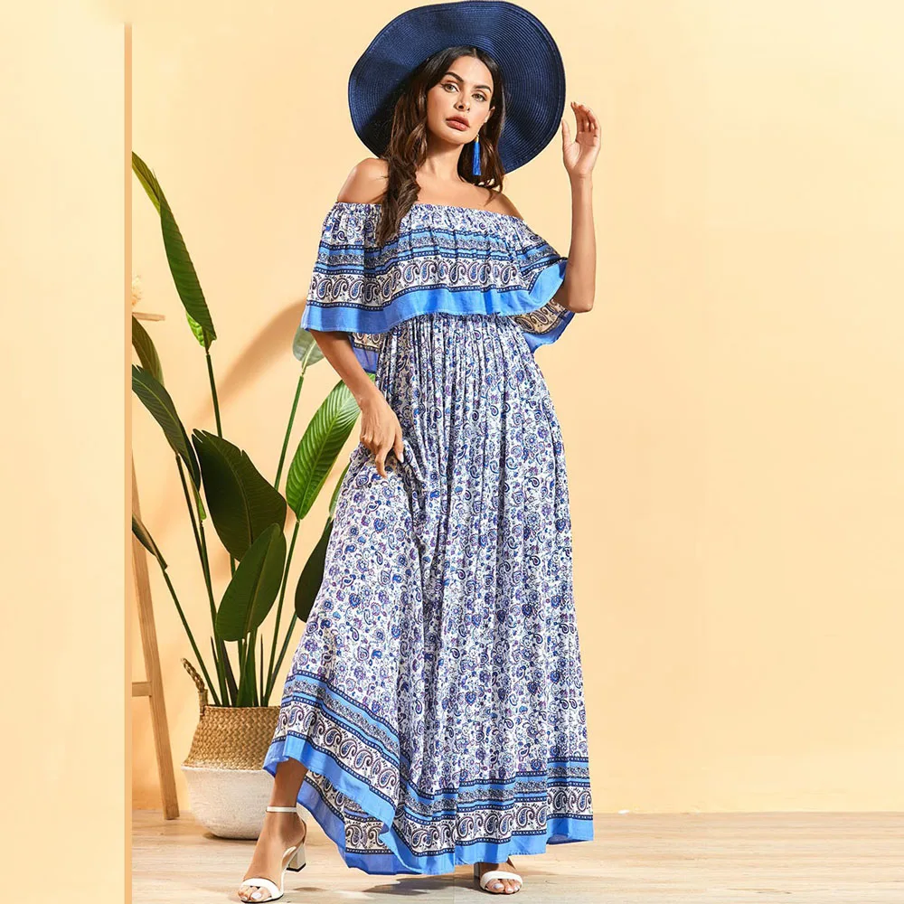 Женское платье в стиле бохо Siskakia длинное с вырезом лодочкой оборками и коротким