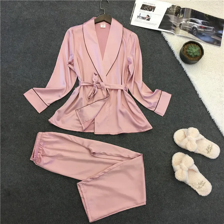 Pink Пижамы для женщин, комплект из 2 предметов, Повседневная Пижама с отворотом, атласный Шелковый домашний костюм, брюки с длинным рукавом, женская одежда для сна, домашняя одежда - Цвет: Pink