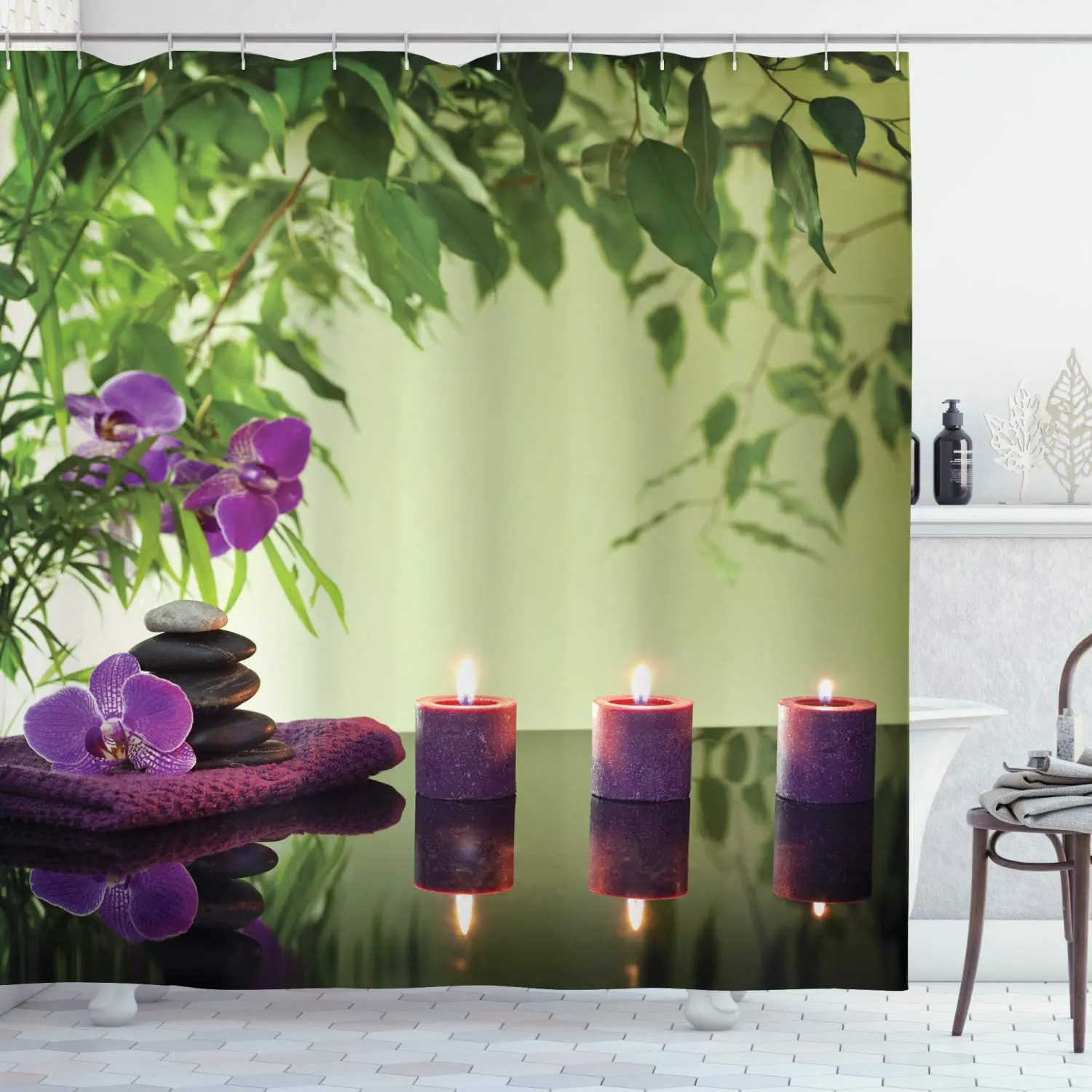 

Zen Shower Curtain Set Green Bamboo Plants Leaves Black Stone Candle Purple Orchid Spa Natural Scenery Bathroom Decor with Hooks