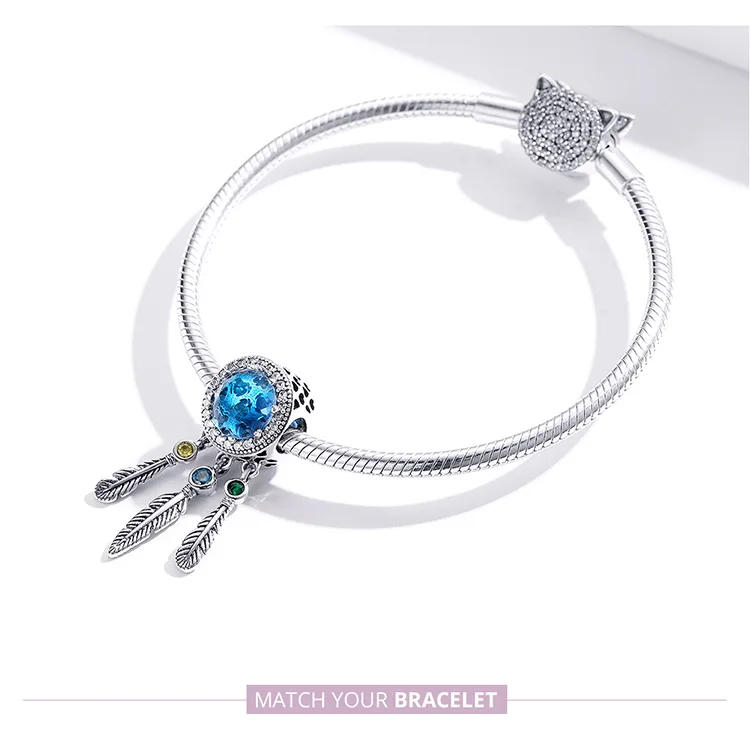 Браслет Pandora, серебро 925,, голубой CZ, Ловец снов, амулеты, S925, Круглый, Богемия, перо, циркон, бусины для изготовления ювелирных изделий