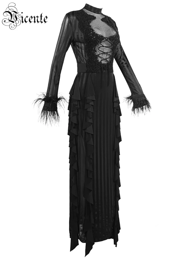 Модное Длинное платье с длинными рукавами в полоску сеткой со шнурками черное