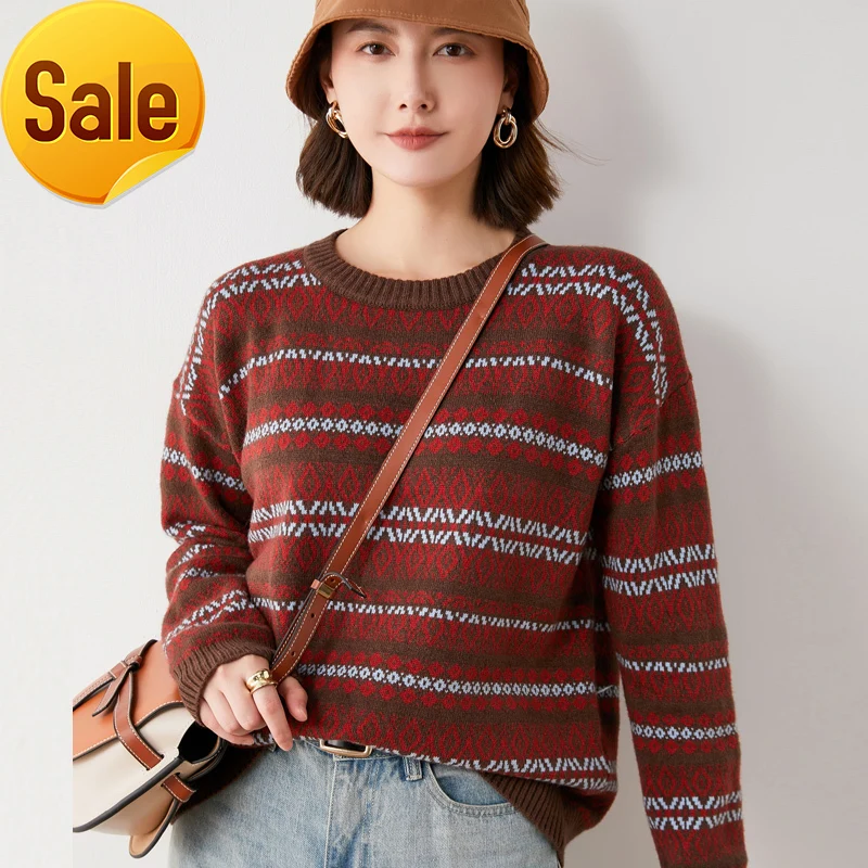 

Jacquard Pullover Sweater women's round neck long sleeve knitted thickened warm sweater loose casual women's fashion