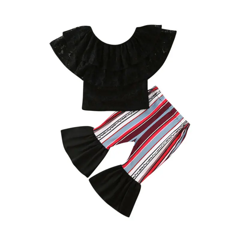 

Pudcoco детская весенне-осенняя модная одежда для маленьких девочек Футболка с открытыми плечами Топы + расклешенные полосатые брюки комплект ...
