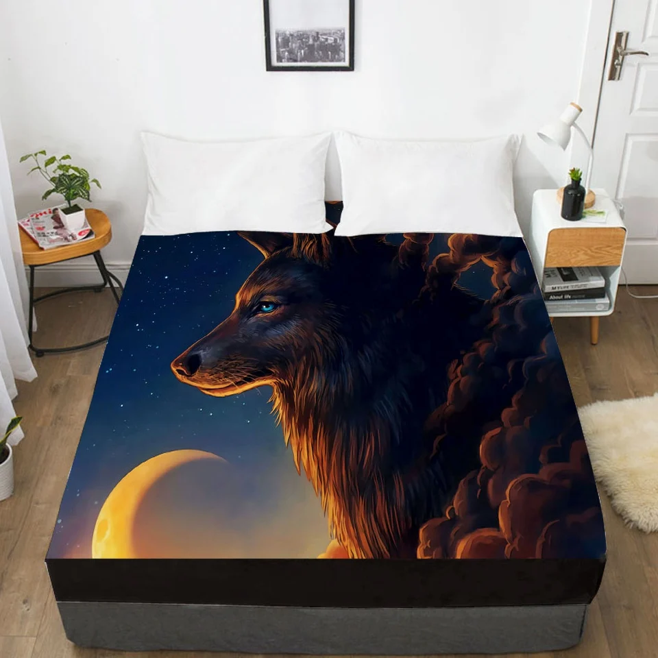 

1pc 3D Bed Sheet with Elastic Fitted Sheet 135/150/180/200/160x200 Mattress Cover Double King Queen Home Microfiber Galaxy lion