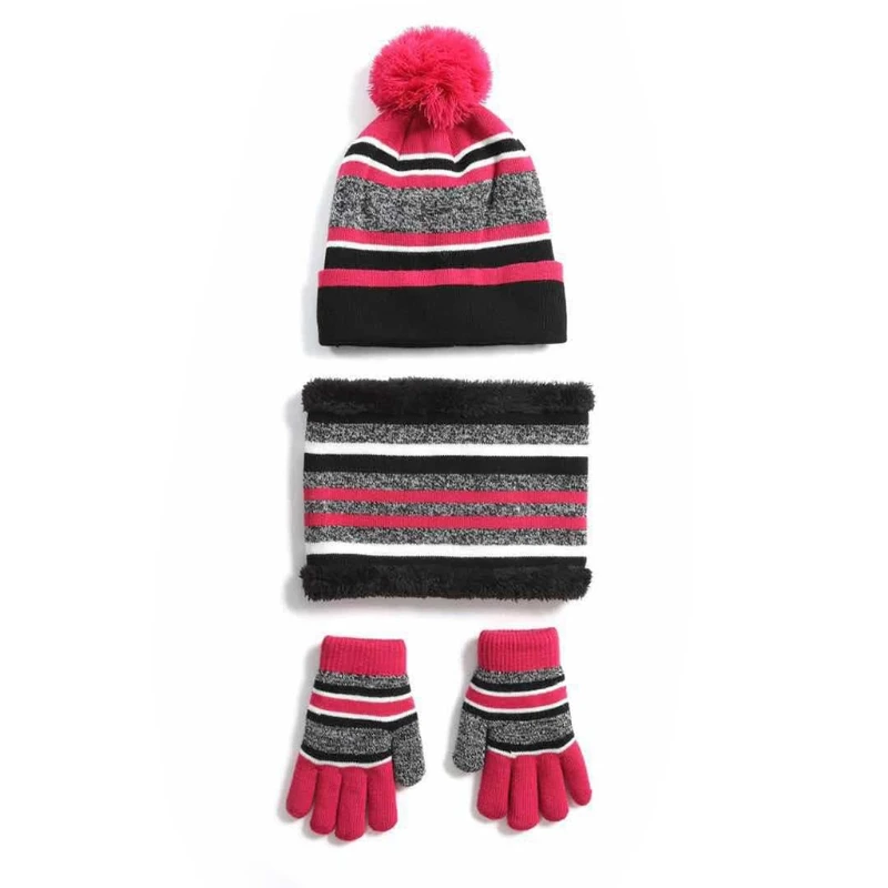 

Children Kids Winter Knitted 3 Pieces Beanie Hat Scarf Gloves Set Contrast Color Striped Thick Plush Lined Pompom Skull Cap Neck