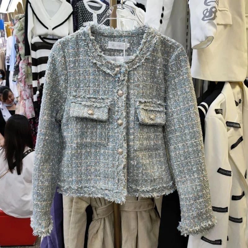 

Fall Winter Coat Women Crop Top Korean Vintage Tweed Jacket High Quality Small Fragrance Patchwork Elegant Short Woolen Outwear