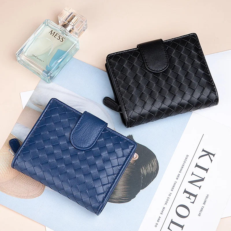 2023 New Weave 100% Sheepskin Genuine Leather Women Wallet Fashion Luxury Brand Multifunction Card Holder Zip Female Coin Purse