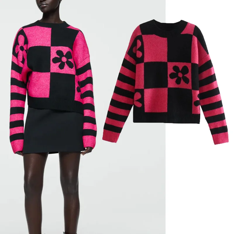 

WSL TRAF ZA зимний жаккардовый вязаный пуловер в клетку свитер 2022 Женский Свитер оверсайз с длинным рукавом винтажный теплый свитер