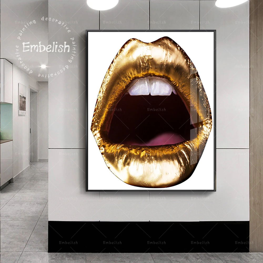 

Embelish 1 Pieces Modern Home Decor Pictures For Living Room Sexy Golden Lips Wall Art Posters HD Print On Canvas Oil Painitngs