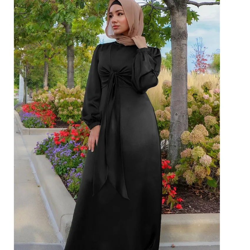 Abayas для женщин ИД Рамадан сатиновое платье мусульманская женская однотонная