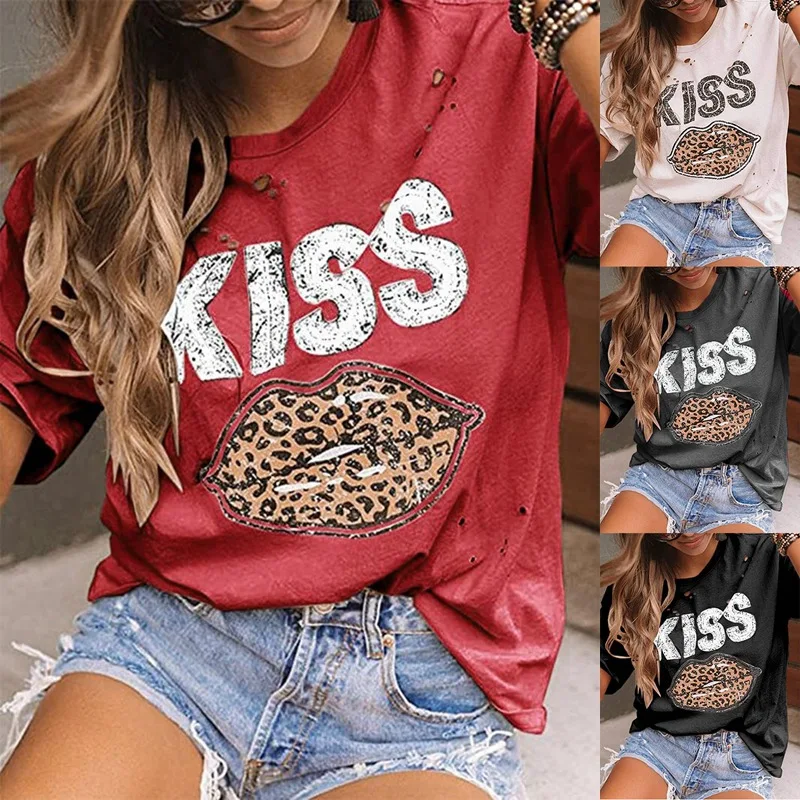 

2020 Explosion Burn Out Broken Hole Women's Loose Casual T-shirt KISS Leopard Lips Printed O-Neck Short Sleeve Top