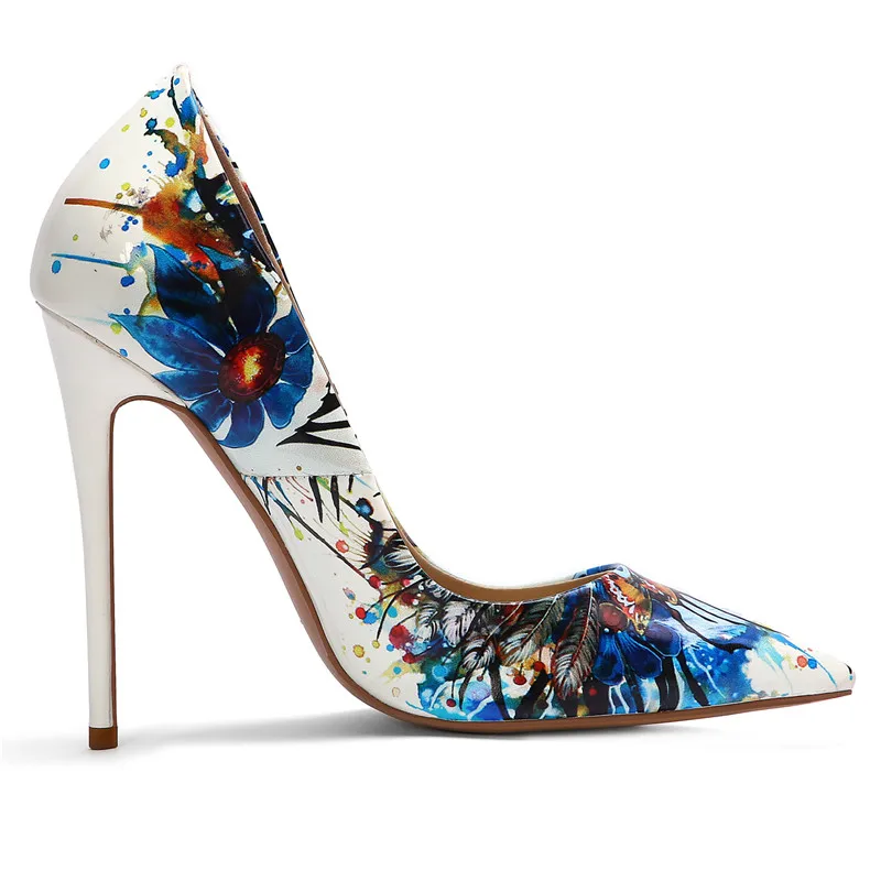 

Women Pointed Toe High Heel Pumps 12 Cm Stiletto Heels Sexy Floral Print Party Dress Wedding Shoes Large Size9 10 42 43 44 45