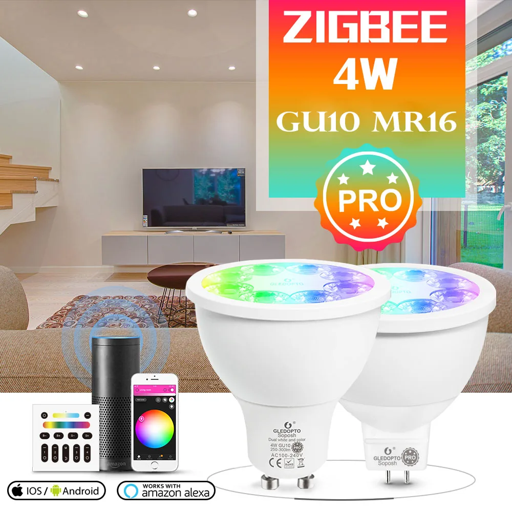 ZigBee 3.0 Pro 4W GU10 MR16 Spotlight RGBCCT Smart Bulb   Work With Alexa Echo Plus Phone APP/Voice/RF Remote Control