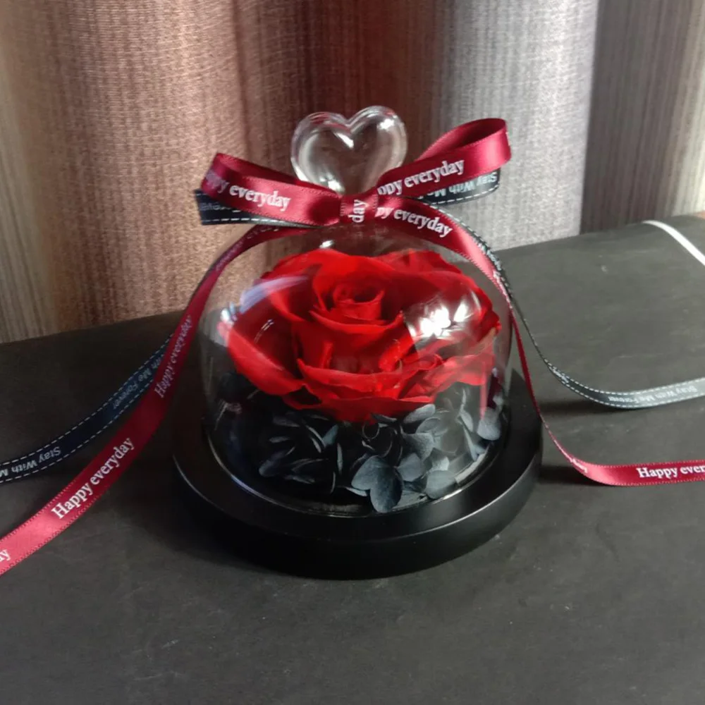 

Preserved Fresh Rose Flower in Glass Dome with Ribbon Decoration Rose Gift for Valentine's Day Anniversary Birthday