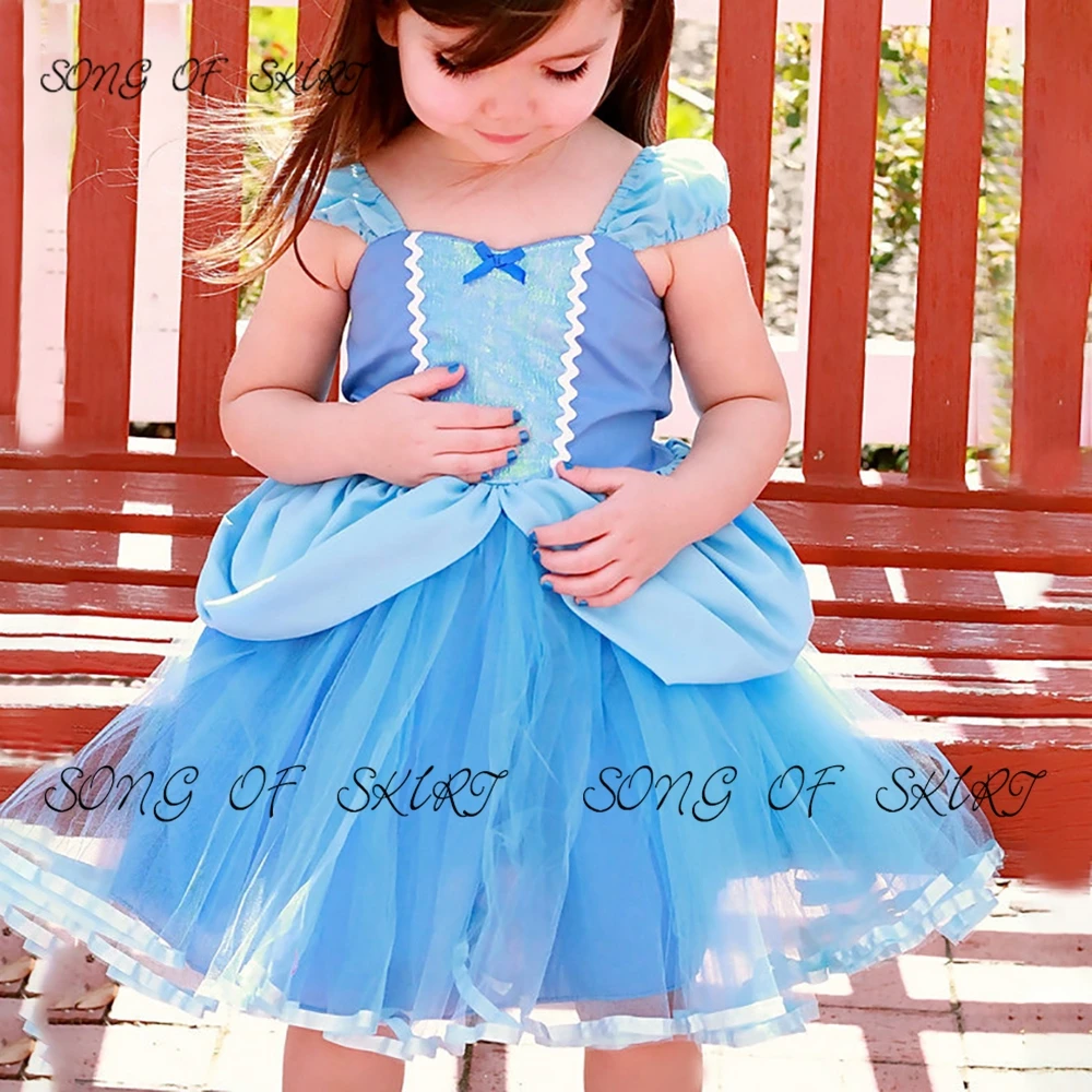 

Mini Off The Shoulder Blue Wedding Flower Girl Dresses Square Neck Tulle Children's Performance Skirt First Communion Gown