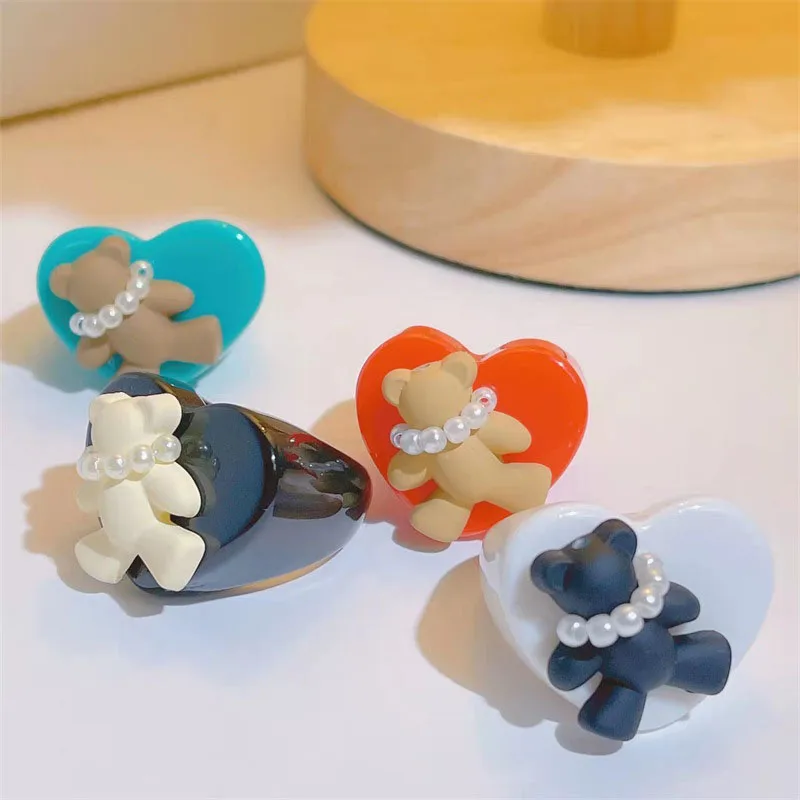 

New Fashion Geometric Heart Resin Acrylic Pearl Colorful Bear Animal Finger Ring For Women Girls Party Jewelry Accessories Gifts