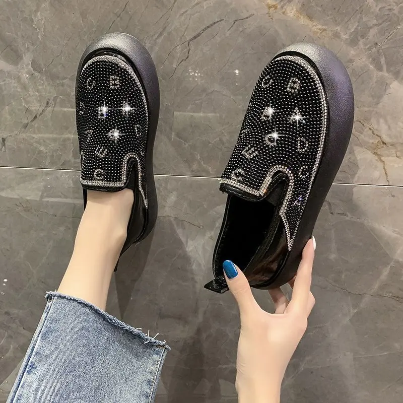 

Thick-soled spring and autumn plus velvet lazy shoes fashion rhinestone pedal bread shoes women's shoes casual shoes X701