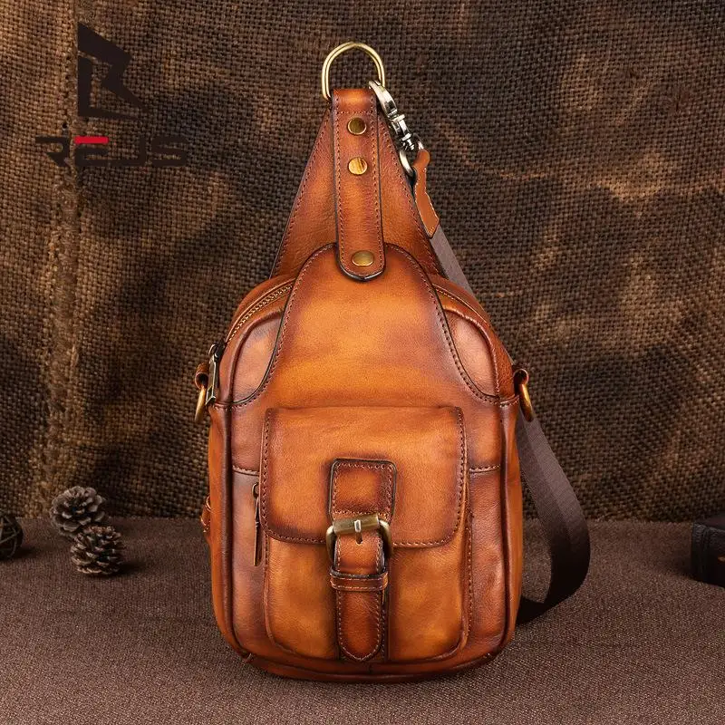 REJS Genuine Leather Bag Vintage Men Chest Pack 2021 New Shoulder Messenger Bags Multifunction Fashion Crossbody Daypack Bolsa