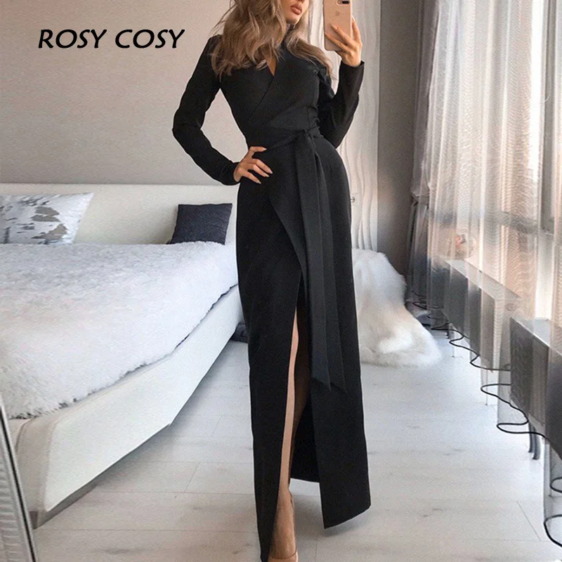 

Autumn Women V-Neck Long Sleeve Slim Dress Elegant Solid Office Ladies Lace Up Long Dress Moda Femme Overalls Cardigan Vestidos