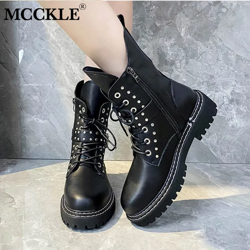 MCCKLE женские крутые ботильоны с заклепками на шнуровке короткие ботинки пряжкой и