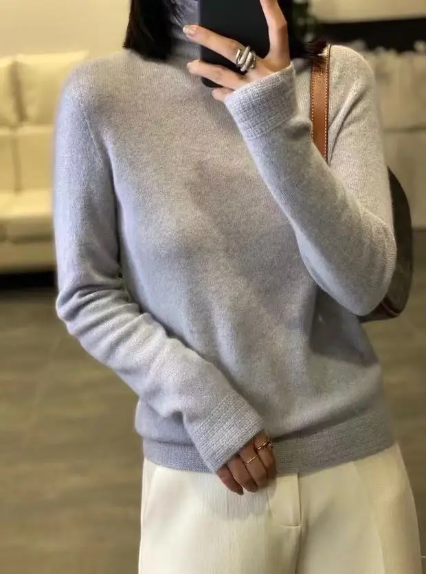 Женский Универсальный однотонный свитер из 100% шерсти пуловер с высоким воротом