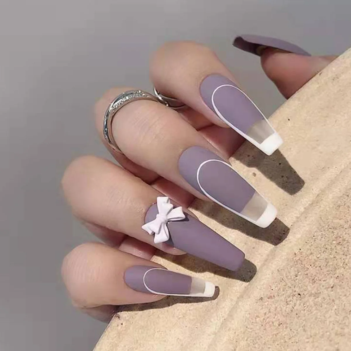

24pcs/Bag Detachable Long Streak False Nails Ballerina Purple Sexy Full Cover Nail Tips Bow French Artificial Press On Nails