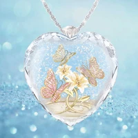 heart shaped crystal glass butterfly flower pendant necklace womens necklace fashion metal cute accessories party jewelry gift