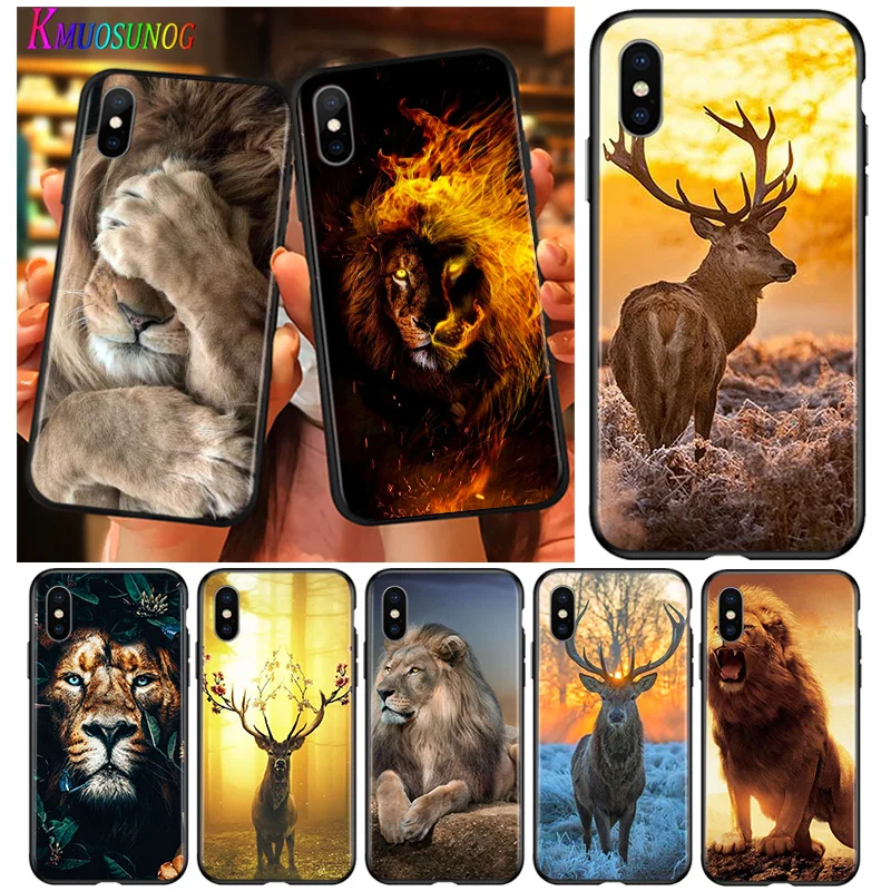 

Bright Black Cover Animal Deer Lion Art For iPhone 2020 11 Pro XS Max XR X 8 7 6 6S Plus 5 Phone Case