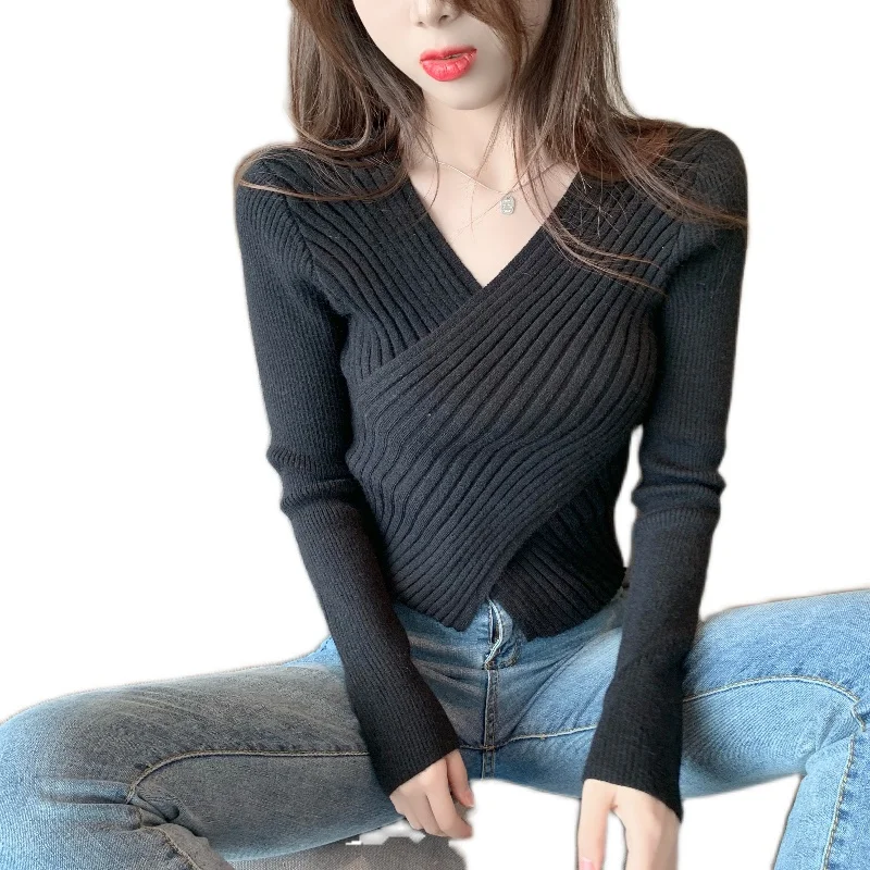 

Qiu dong temperament of cultivate one's morality v-neck pullovers gentle wind irregularly split sweater coat female