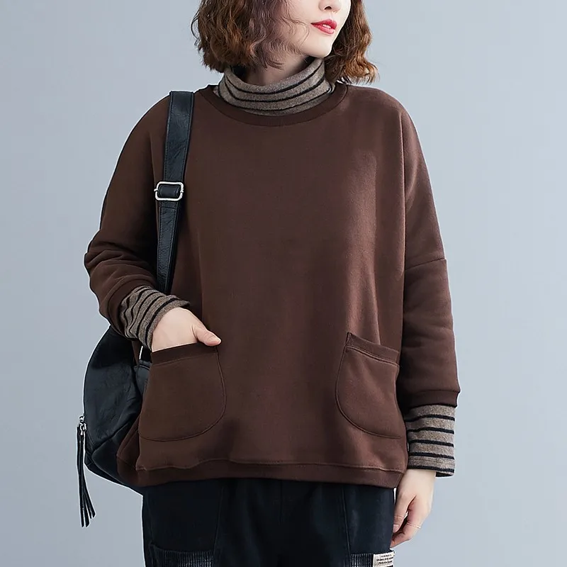 

Women Long Sleeve Cotton Sweatshirts New Arrival 2021 Autumn Winter Vintage Turtleneck Loose Female Casual Pullovers B1400