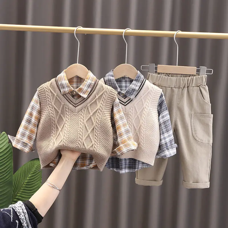 Boys sweater 3-pieces sets 0-4 years old kids spring and autumn clothing children's sweater vest+shirt +pants 3-piece suit