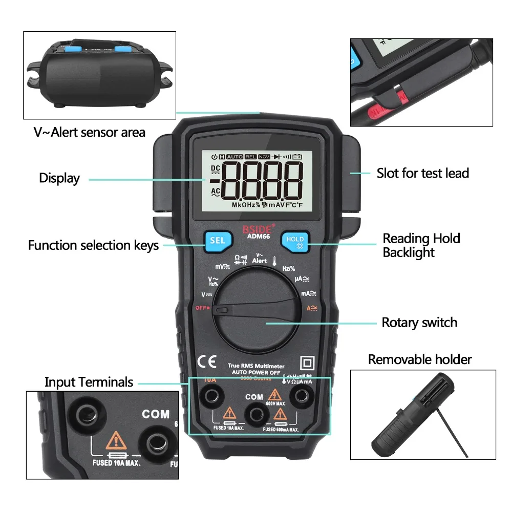 Portable Digital Multimeter BSIDE ADM66 Auto Range True RMS Multimetro DC AC Voltmeter Ammeter Thermometer Ohm diode Tester | Инструменты