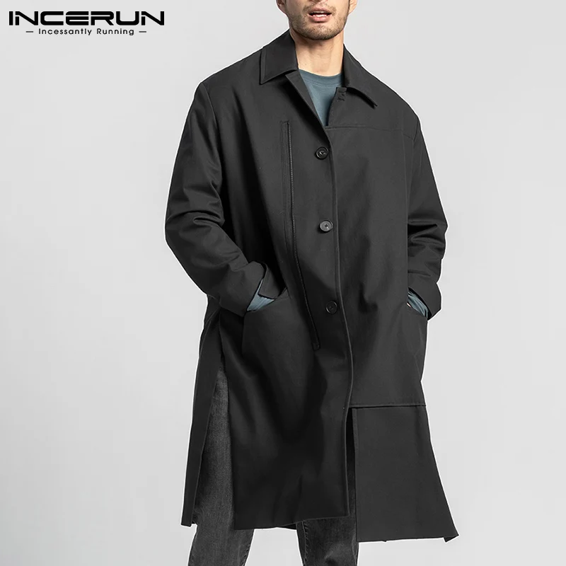 

Тренчкот INCERUN мужской однотонный, модная Длинная ветровка с отложным воротником, на молнии, с длинным рукавом, с разрезом на подоле, уличная ...