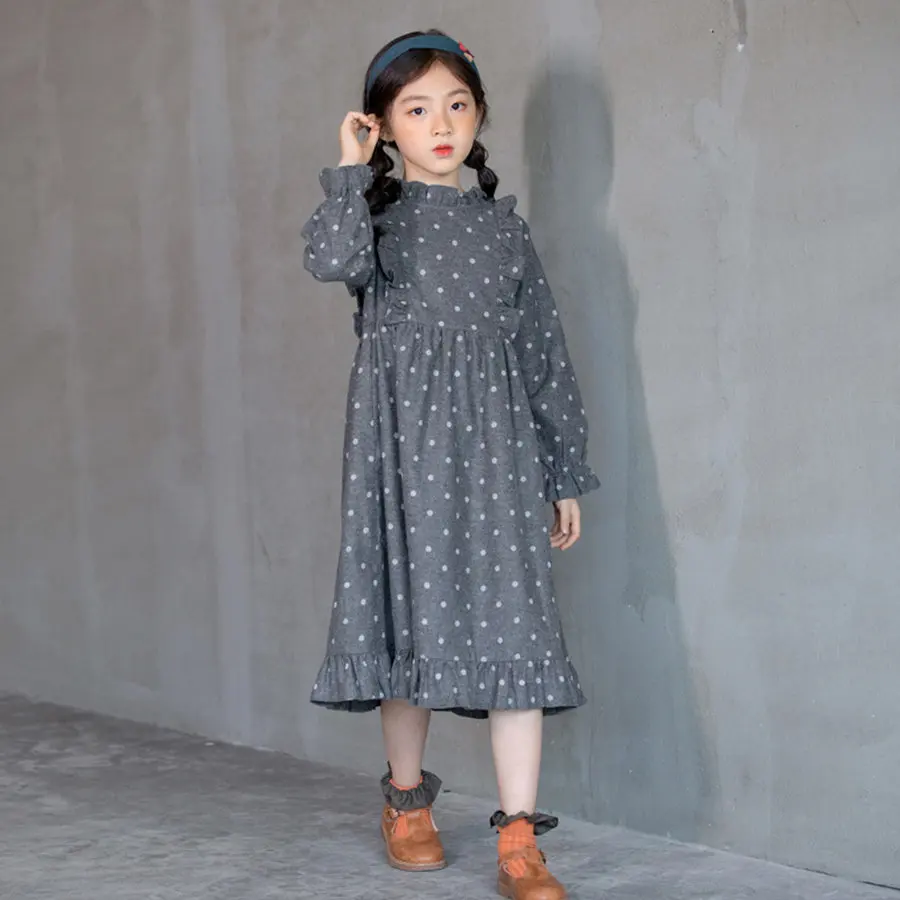 

Spring Princess Ruffle Turtleneck Cotton Long Sleeve Dress Girls 6-15 Years European Apricot Flounce Hem Polka Dot Dresses Teens