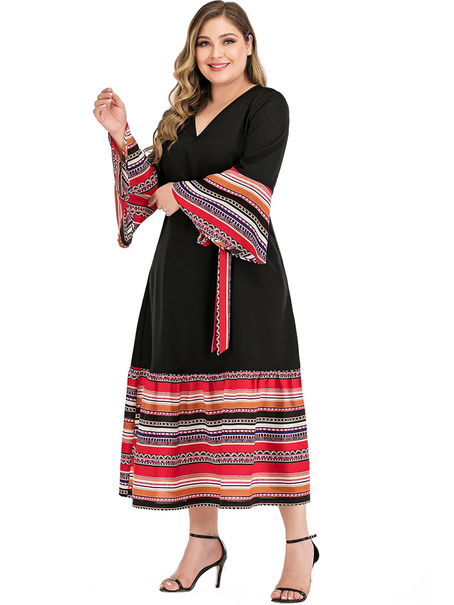 Vintage Dress Contrasting Plus Size Stitching V Neck Long Sleeve Calf Length Oversize Black Tie Casual Dress For Elegant Party