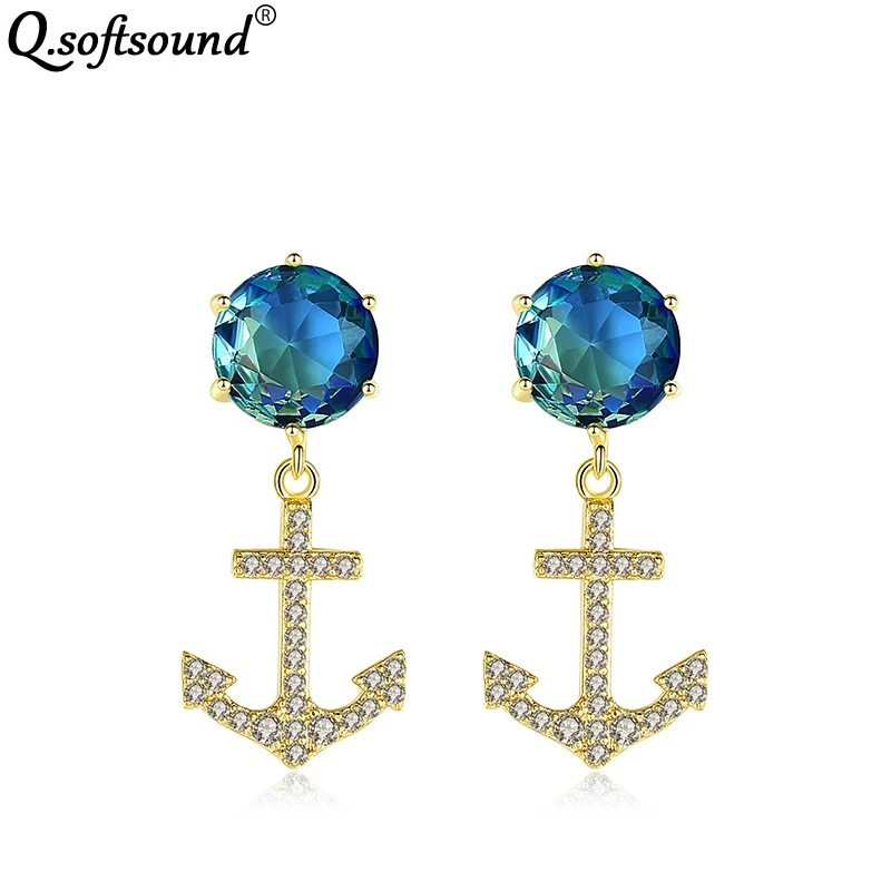 Новые цветные циркониевые серьги-гвоздики в форме якоря золотого цвета для