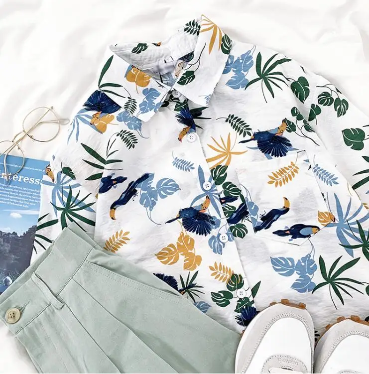 

Summer retro loose plant leaf print short sleeve shirt women