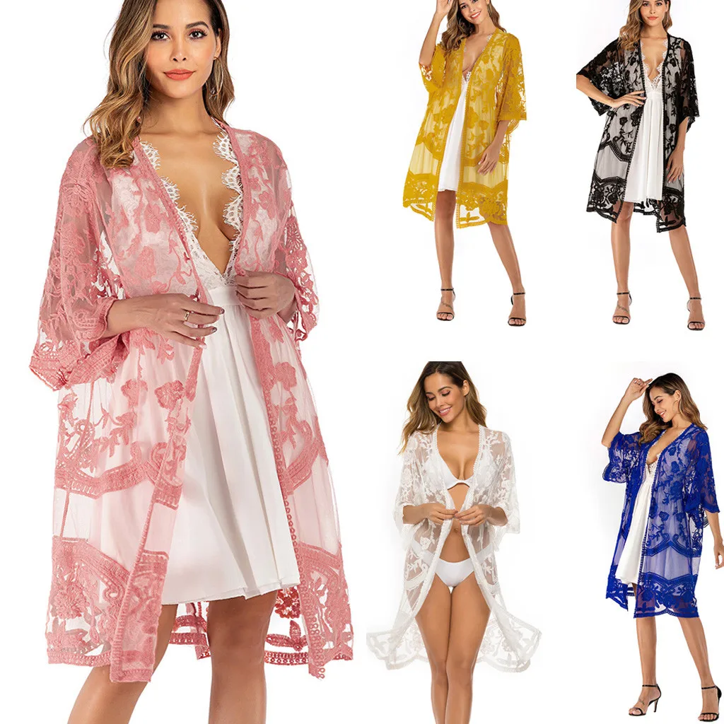Women Loose Tunic Long Sleeve Beach Dress Lace See Through Swim Cover Up Bikini Pareo Bathing Suit trajes de baño pareos cape | Женская