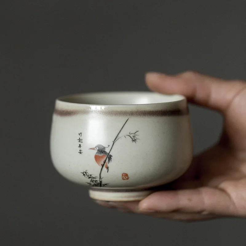 

150ml Chinese Retro Master Cup Ceramic Grass-Wood Gray Teacup Single Cup Handmade Kung Fu Tea Cups Single Household Tea Set