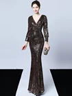 Элегантное вечервечерние платье YIDINGZS с V-образным вырезом, черное Золотое платье с блестками, женское платье с длинным рукавом