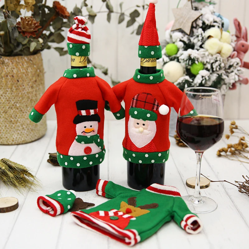 

Новогодняя Рождественская Крышка для винной бутылки, вязаная Крышка для свитера, украшения для рождественской вечеринки в виде деда мороза...