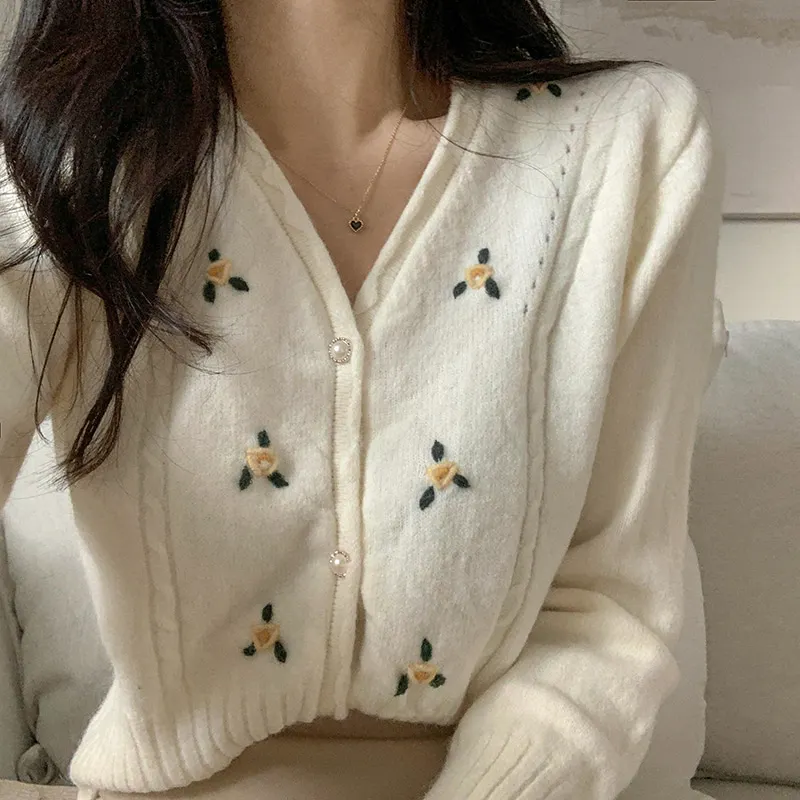 

New Floral Embroidered Crop Sweater Women Sexy V-neck Pearl Button Short Knit Cardigan Woman Single Breasted Spring Fall Tops