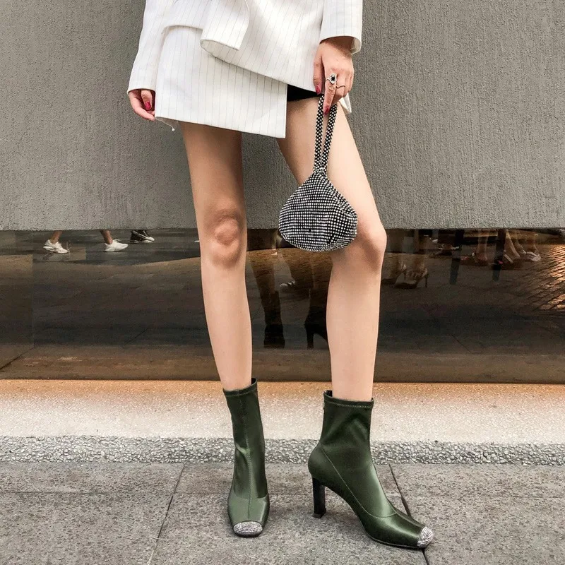 Ботильоны женские на высоком каблуке дизайнерские эластичные атласные ботинки с