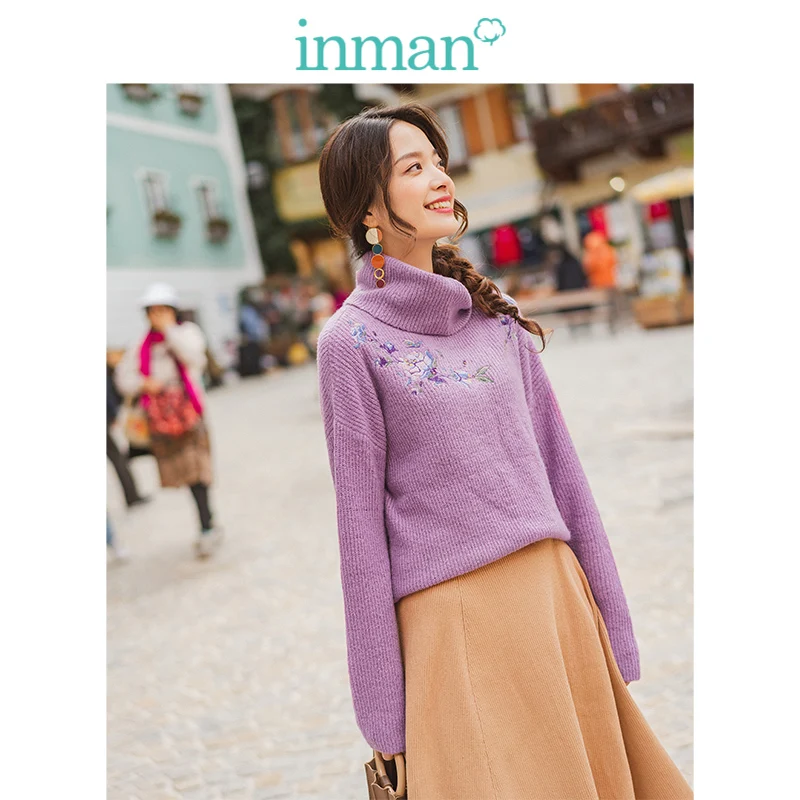 INMAN Winter Literary High Neck Drop-shoulder Sleeve Embroidery Loose Warm Women Pullover | Женская одежда